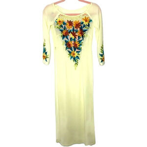 Vintage 70s Embroidered Floral & Leaf Sheer 3/4 length sleeve Dress/Overlay XS